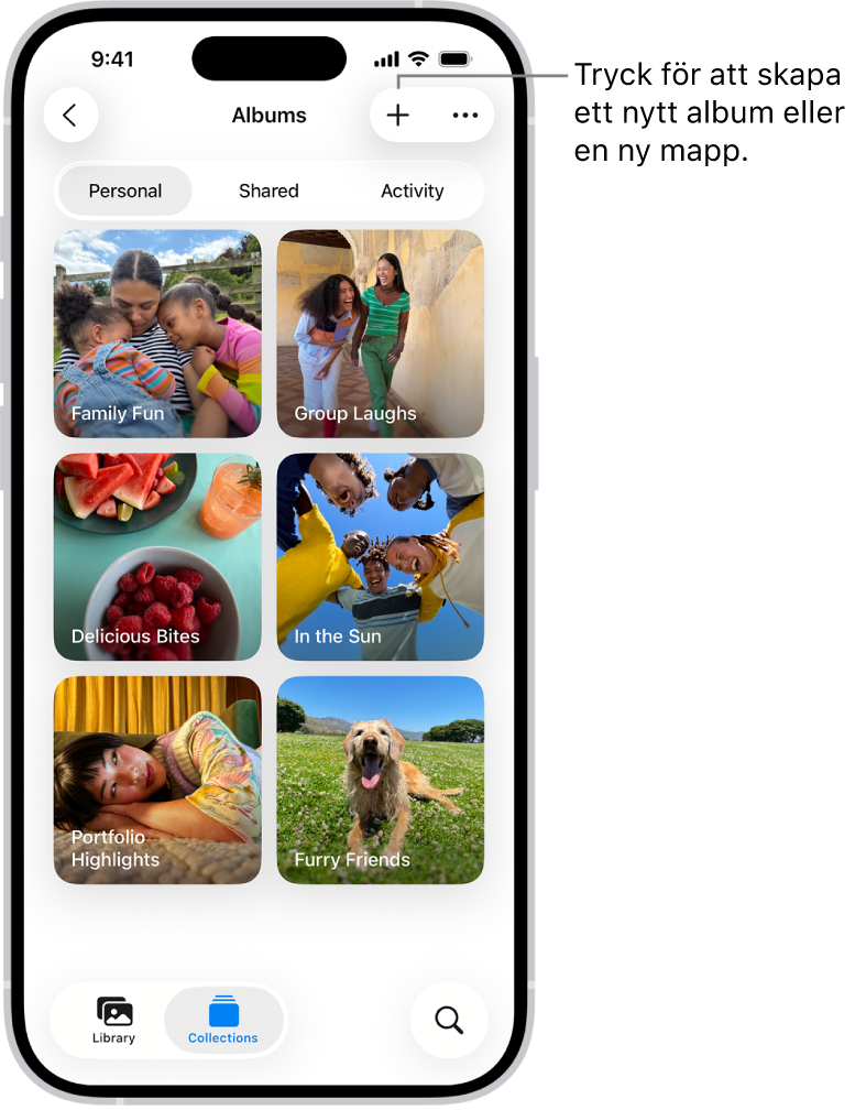 Samlingen Album i appen Bilder. Ett rutnät med album visas på skärmen. Från vänster till höger överst på skärmen finns knapparna Tillbaka, Nytt album och Mer. Nedanför dessa finns knappar för att visa album efter Personligt, Delat eller Aktivitet. Från vänster till höger längst ned på skärmen finns knapparna Bibliotek, Samlingar och Sök.