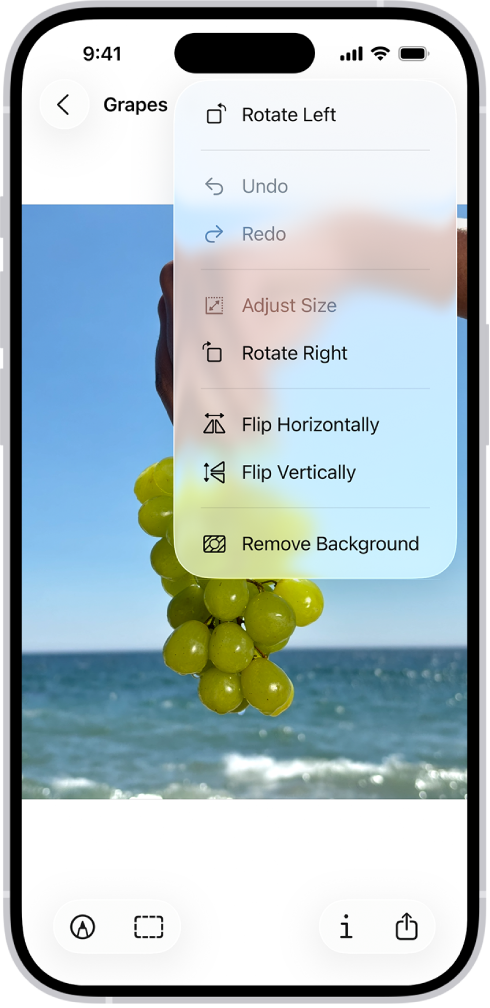 ముందుభాగంలో ద్రాక్షతో ఉన్న ఇమేజ్ను చూపుతున్న స్క్రీన్. మెన్యూ ’బ్యాక్గ్రౌండ్ను తొలగించండి’ ఎంపికను చూపుతొంది. స్క్రీన్ దిగువన ‘మార్కప్’, ‘క్రాప్’, ‘సమాచారం’, ‘షేర్’ బటన్లు ఉన్నాయి.