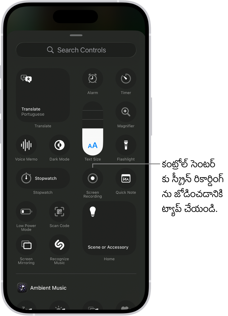 కంట్రోల్ సెంటర్కు మీరు జోడించగల కంట్రోల్లను చూపించే స్క్రీన్. స్క్రీన్ రికార్డింగ్ కంట్రోల్ సెంటర్కు దగ్గరగా ఉంది.