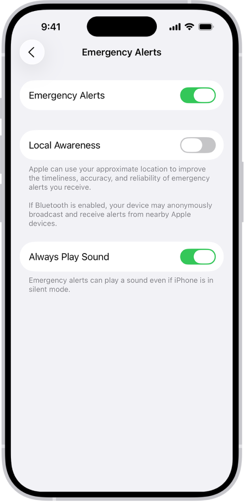 หน้าจอการเตือนฉุกเฉินที่เปิดใช้การเตือนฉุกเฉิน ปรับปรุงตำแหน่งที่ตั้งในพื้นที่ และส่งเสียงดังเสมอ