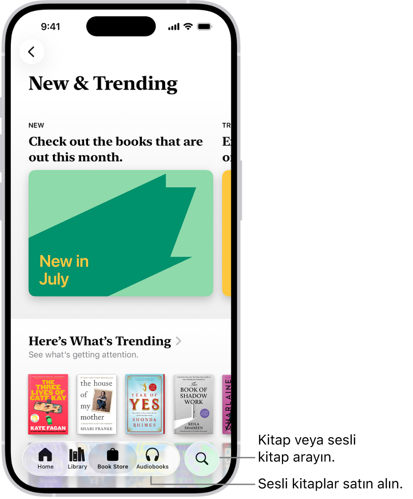 Kitaplar uygulamasında Kitapçı ekranı. Ekranın en altında soldan sağa doğru Ana Sayfa, Kitaplık, Kitapçı, Sesli Kitaplar ve Ara sekmeleri var. Kitapçı sekmesi seçili.