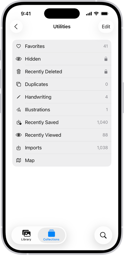Fotoğraflar uygulamasında Diğer koleksiyonu açık ve fotoğraf koleksiyonları listesini gösteriyor.