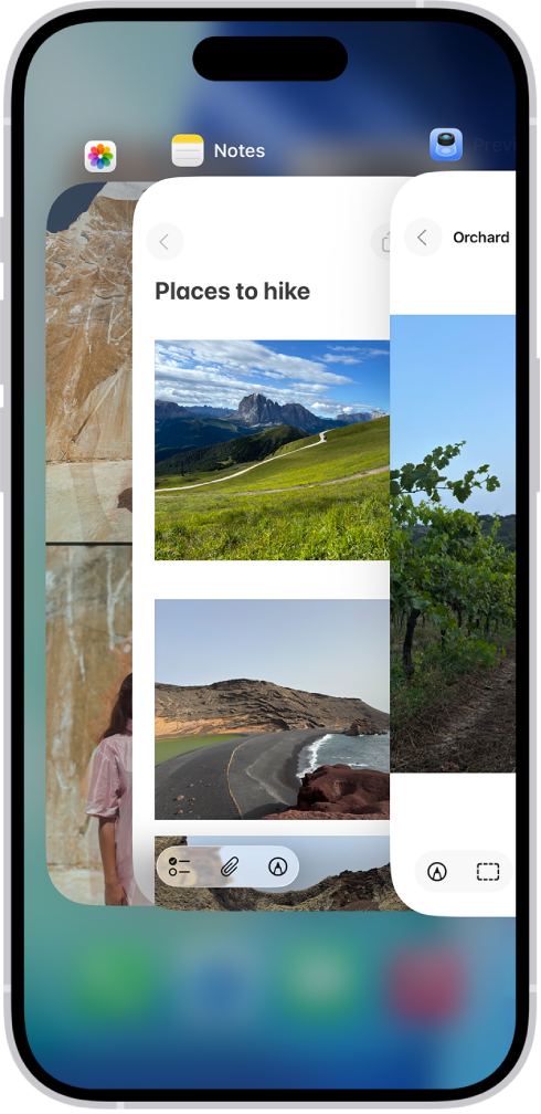 Uygulama Değiştirici. Açık uygulamaların simgeleri en üstte; açık her bir uygulamanın o anki ekranı simgesinin altında görünüyor.