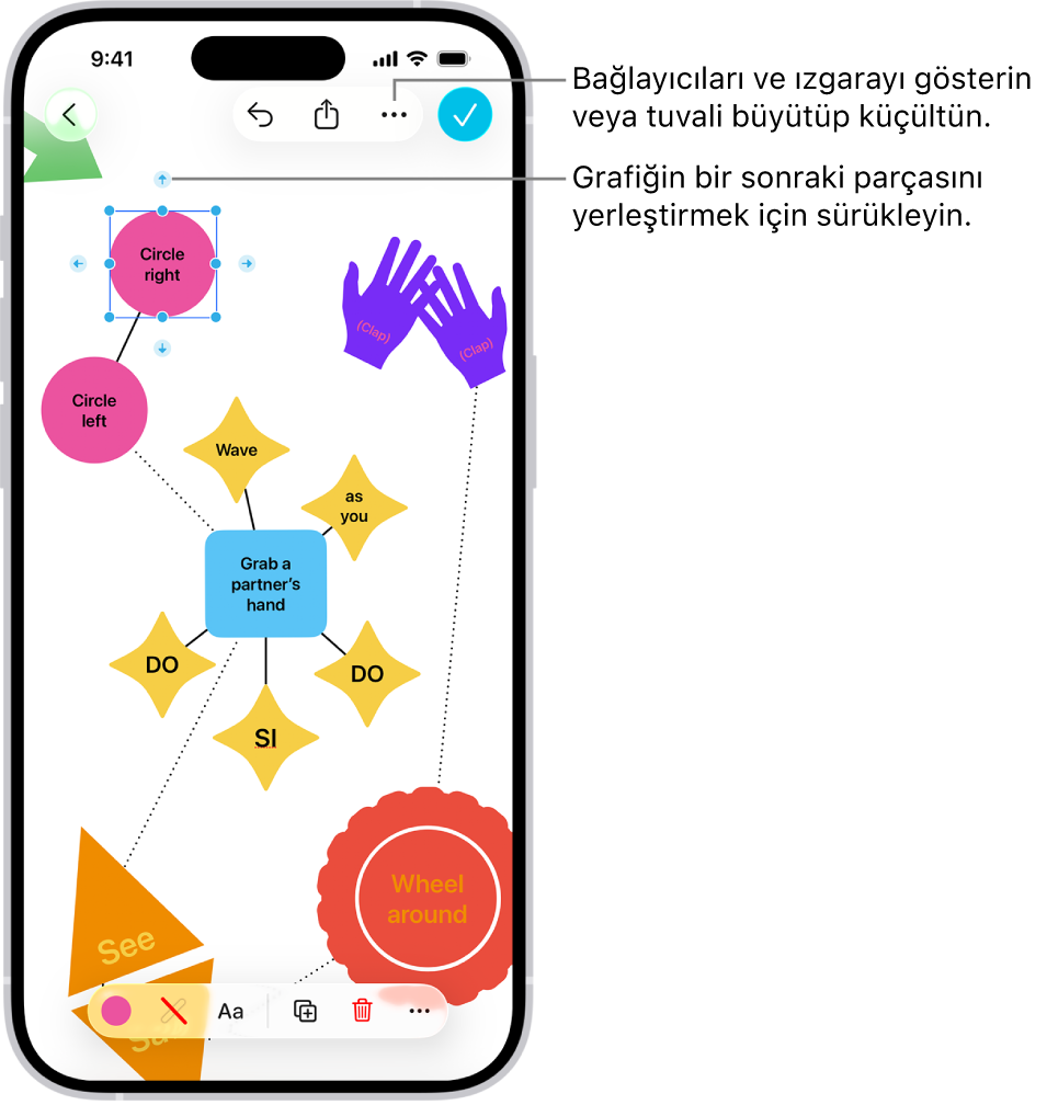Freeform panosunda seçili şekilde gösterilen bağlayıcılar içeren bir diyagram ve ekranın en altında görülebilen şekil biçimleme araçları.