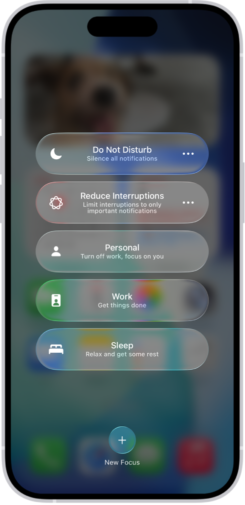 Odak seçeneklerinin süresini ayarlama düğmeleriyle Odak seçeneklerini gösteren Denetim Merkezi.