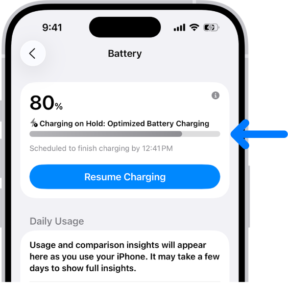 iPhone Pil ayarlarında şarj etme bilgi kartı. Kart, “Şarj Etme Beklemede: İyileştirilmiş Pil Şarjı” mesajı ile birlikte pili %80’de gösteriyor. “Şarj Etmeyi Sürdür” seçeneği ile birlikte 12:41 civarında bitmesi planlanıyor.