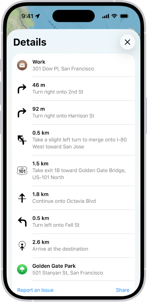 Güzergâha ait, liste olarak gösterilen adım adım yol tarifi.