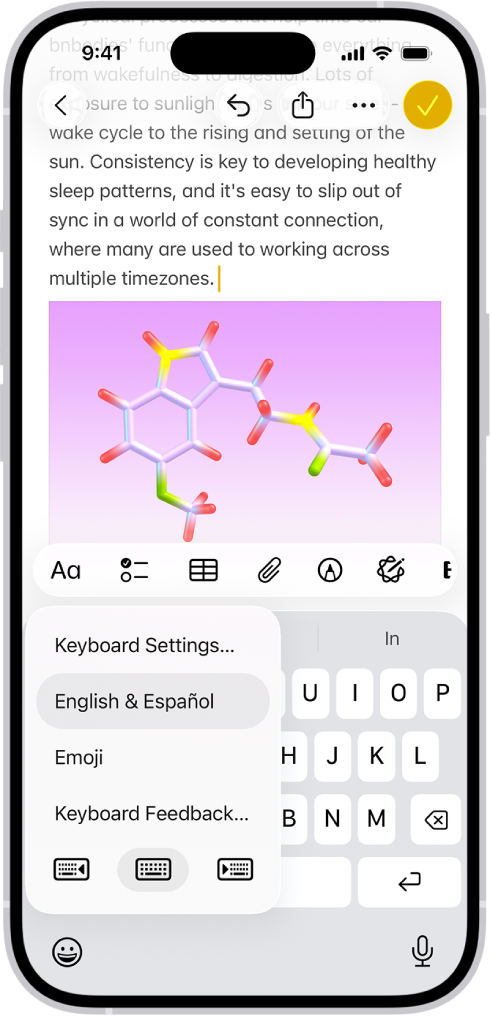 Відкрито меню «Параметри клавіатури», і показано кілька варіантів клавіатури: англійська й іспанська, емодзі та «Відгук клавіатури».