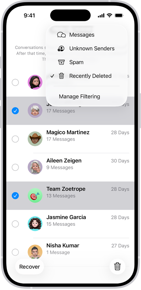 Список недавно видалених повідомлень із двома вибраними обговореннями і двома доступними опціями внизу екрана: «Відновити» й «Видалити назавжди».