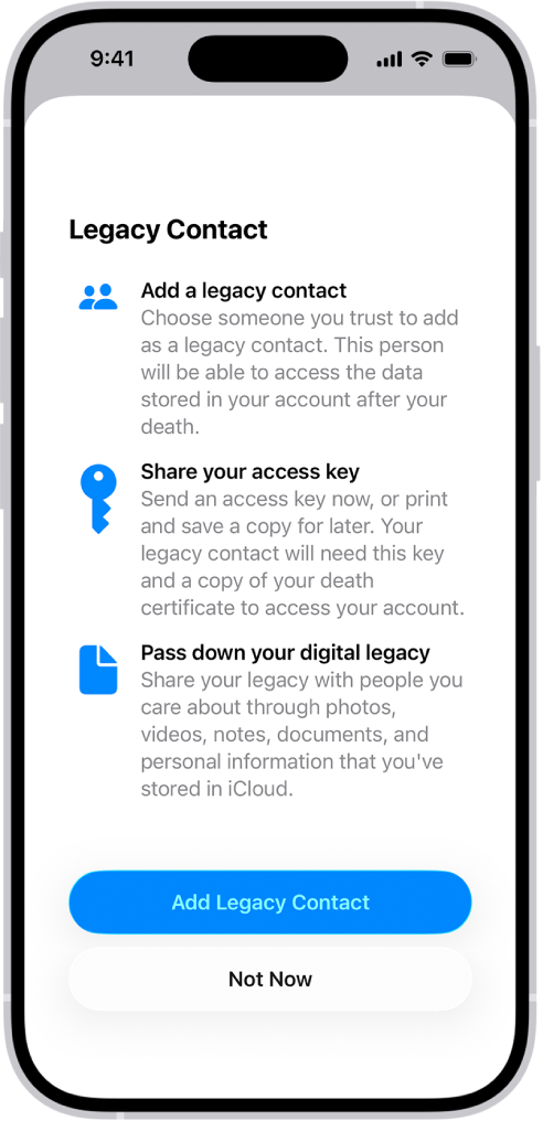 Екран «Додати контакт для відновлення», на якому показано контакти, запропоновані як контакти для відновлення, і опцію для вибору когось іншого.