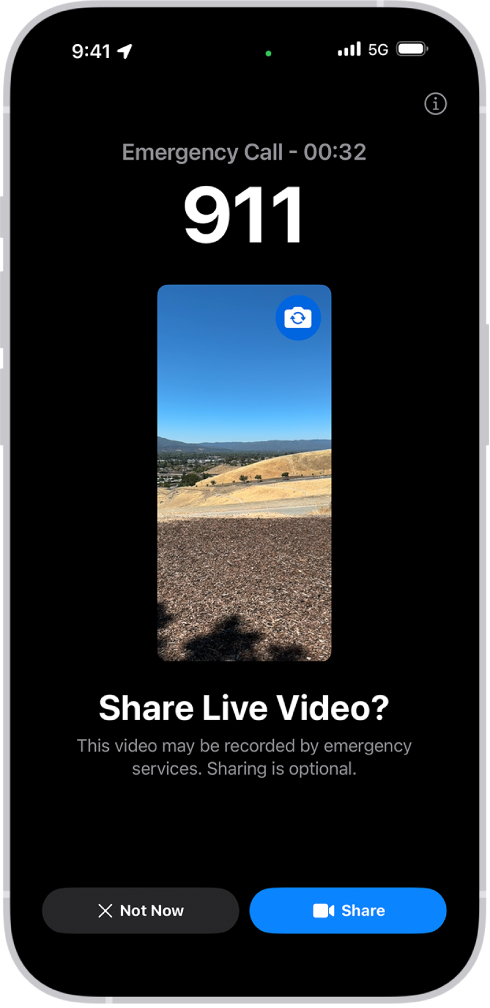 На екрані відеотрансляції наживо під час викликів SOS показано екстрений виклик на номер 911 і передогляд відео в центрі екрана. Унизу показано кнопки «Не зараз» і «Поширити відео».