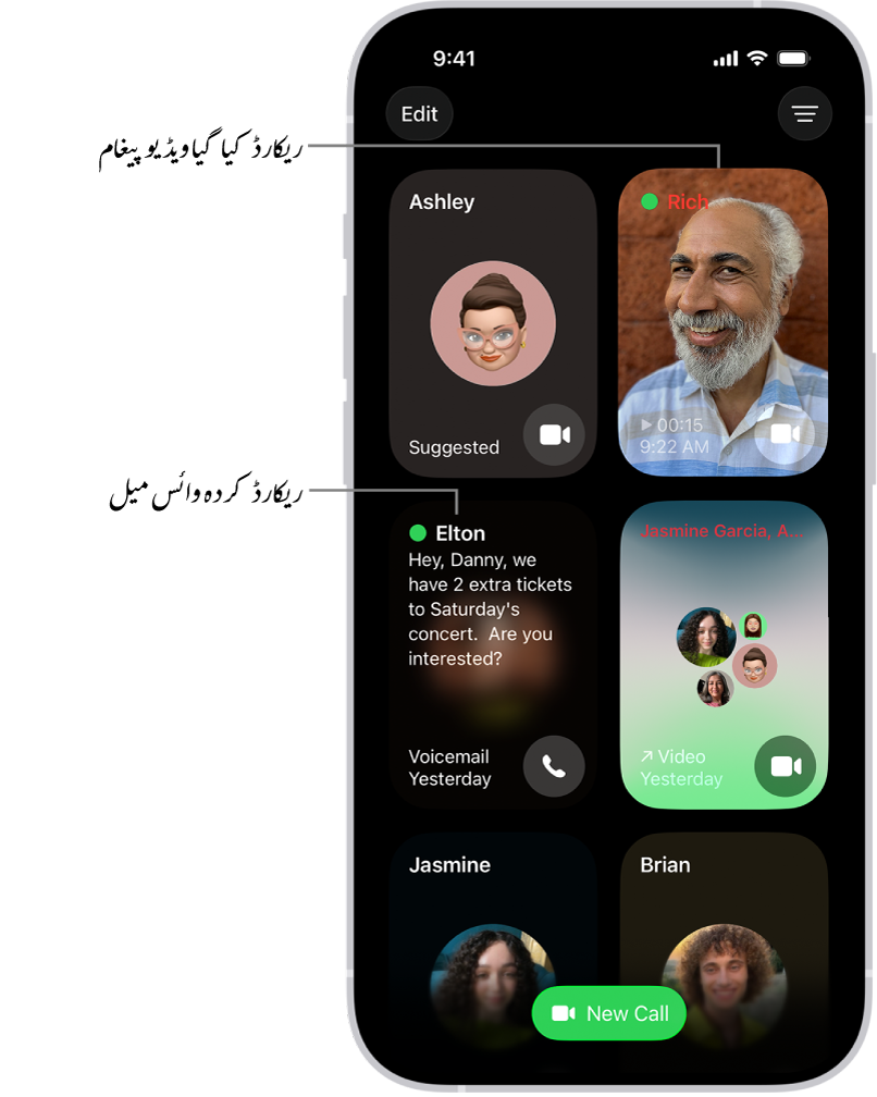 FaceTime کال کی سرگزشت، جس میں تجویز کردہ رابطہ، ریکارڈ شدہ ویڈیو پیغام، وائس میل اور FaceTime کی گروپ ویڈیو کال دکھائی جا رہی ہے۔