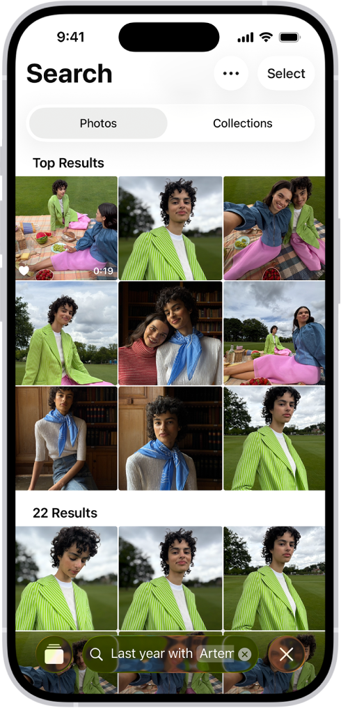 iPhone پر تصویر ایپ میں تصاویر دکھائی جا رہی ہیں۔ اسکرین کے نچلے حصے میں تفصیل کے ساتھ تلاش کی پٹی نظر آ رہی ہے۔