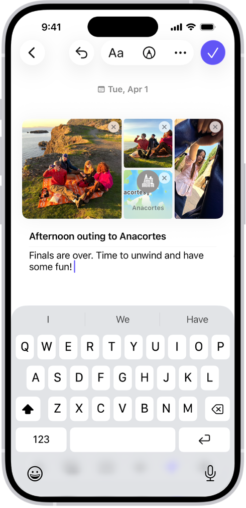 Một màn hình trong ứng dụng Nhật ký đang hiển thị ảnh và một bài viết đang viết dở.