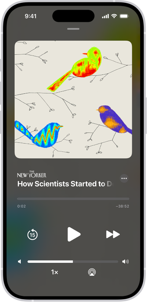 Một tin tức âm thanh trong Apple News+. Bên dưới là các điều khiển trình phát âm thanh và thanh trượt âm lượng.