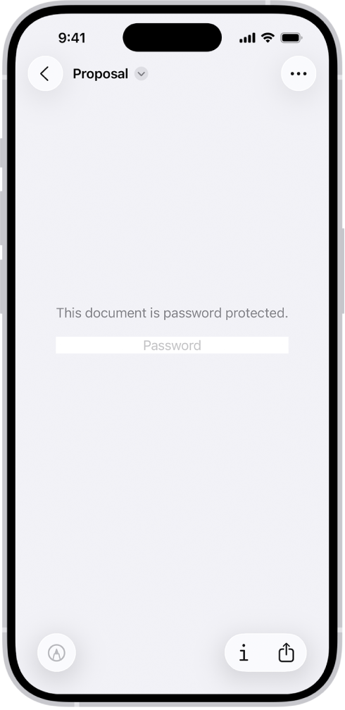 Một biểu mẫu PDF được khóa đang hiển thị trường mật khẩu. Ở cuối màn hình là các nút Đánh dấu, Thông tin và Chia sẻ.