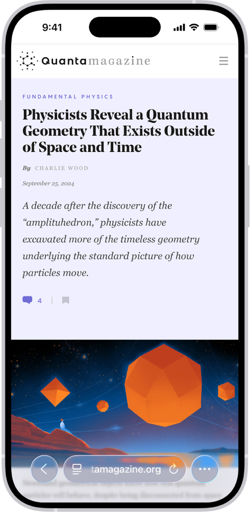 Một trang web được mở trong Safari, với bố cục tab Nhỏ gọn. Ở dưới cùng, từ trái sang phải, là nút Quay lại, nút Menu của trang, trường tìm kiếm, nút Tải lại và nút Thêm.