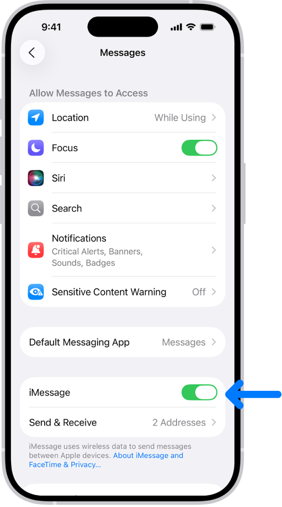 Khung cài đặt Tin nhắn với iMessage được bật.