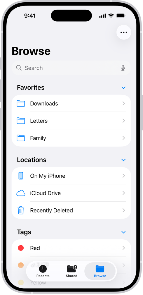 Ứng dụng Tệp đang hiển thị nhiều thư mục và vị trí có tên là Tải về, Thư, Gia đình, v.v. Ở cuối màn hình là các nút cho tệp Gần đây, tệp Được chia sẻ và tab Duyệt.
