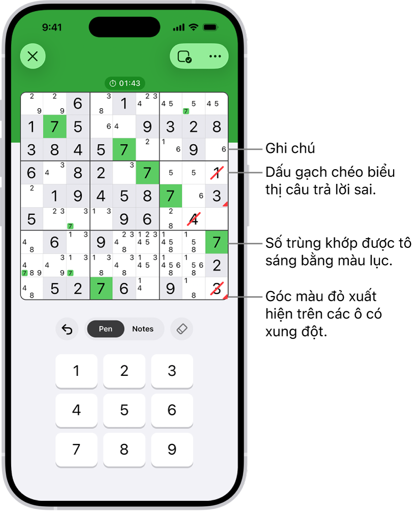Câu đố sudoku có một số tính năng được bật: Notes, Highlight Matching Numbers, Show Conflicts, và Autocheck.