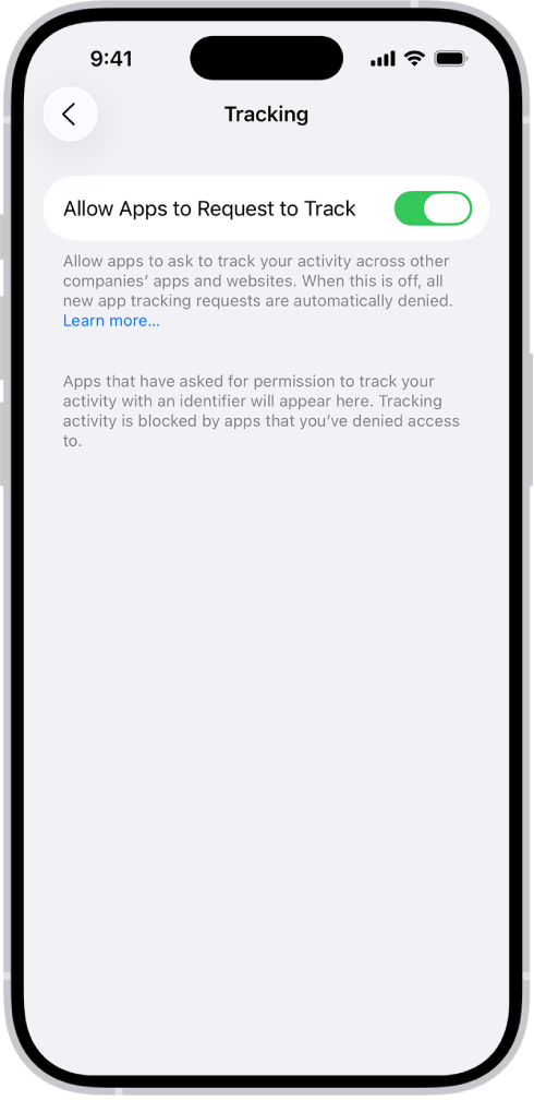 「追蹤」畫面,其中包括的設定可用於控制 App 是否能要求追蹤你在其他公司所擁有的網站或 App 上的活動。