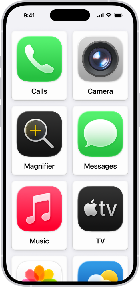 iPhone 顯示「輔助取用」主畫面,其中顯示 App 的大圖示。