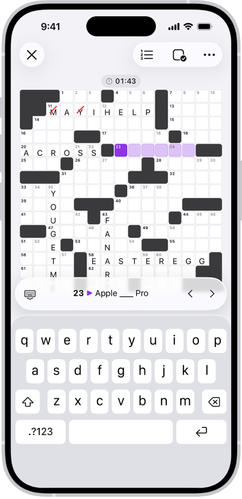 一個已填一部分的填字遊戲,上方帶有控制項目,底部有一個打開的鍵盤。