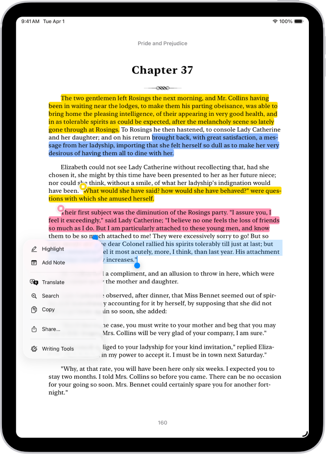 صفحة من كتاب في تطبيق الكتب، مع تحديد جزء من نص الصفحة. تظهر أزرار تمييز وإضافة ملاحظة وترجمة وبحث ونسخ ومشاركة أعلى النص المحدد.