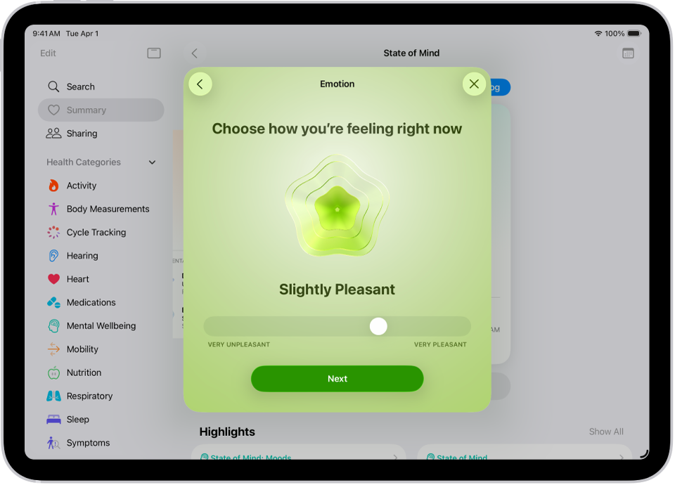 شاشة في تطبيق صحتي تحدد الحالة المزاجية الحالية أنها مسرور قليلاً. يظهر في الجزء السفلي من الشاشة شريط تمرير لضبط مستوى العاطفة.