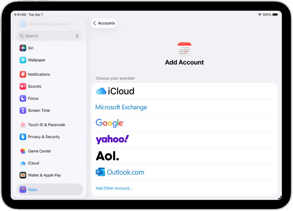 إعدادات إضافة حساب التقويم تُظهر مزوّدي تقويم مختلفين.