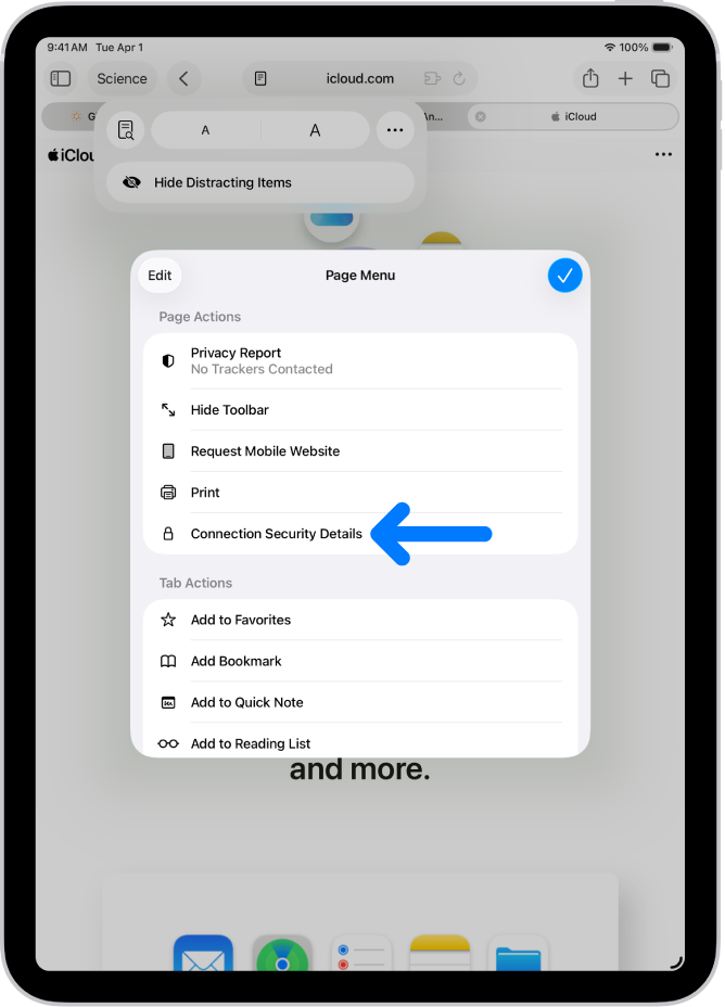 قائمة الصفحة مفتوحة في سفاري، ويظهر عنصر التحكم "تفاصيل أمن الاتصال" في منتصف الصفحة.