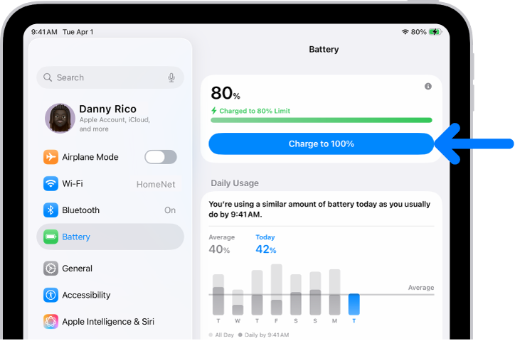 بطاقة معلومات الشحن في إعدادات بطارية iPad. البطاقة تظهر أن مستوى شحن البطارية 80% مع رسالة بأن "تم الشحن إلى حد 80%". زر يقدِّم خيارًا للـ "الشحن إلى 100%".