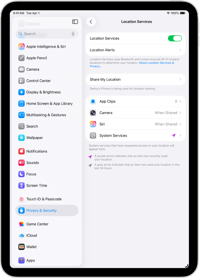 شاشة خدمات الموقع، والتي تحتوي على إعدادات لمشاركة موقع جهاز iPad مع التطبيقات.