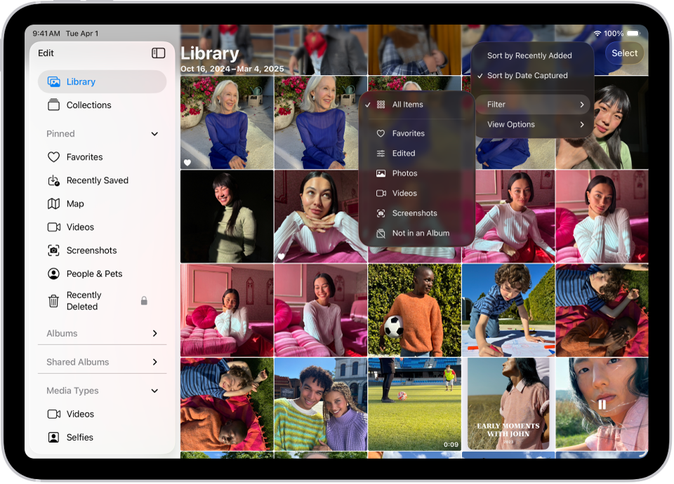 ছবি অ্যাপ খোলা এবং সাইডবারে “লাইব্রেরি” ট্যাব নির্বাচন করা রয়েছে। স্ক্রিনের উপরে “বাছাই করুন এবং ফিল্টার করুন” বাটনটি নির্বাচন করা হয়েছে, যেখানে লাইব্রেরির বিষয়বস্তু দেখার জন্য বাছাই ও ফিল্টার করার অপশন দেখানো হয়েছে।