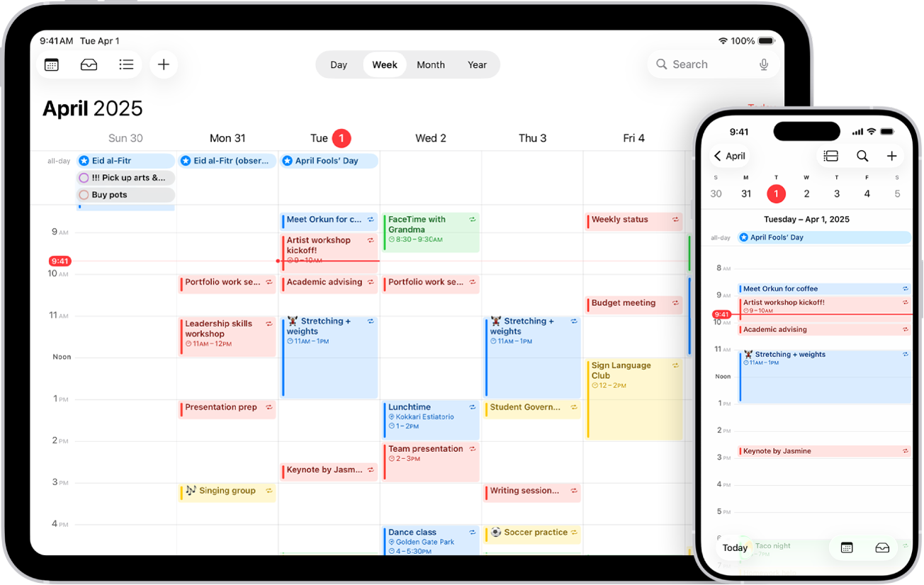 Kalendář na iPad v zobrazení týdne a tentýž kalendář na iPhonu v zobrazení dne