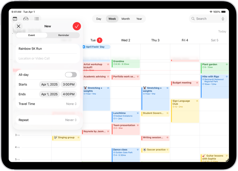 Zobrazení týdne v kalendáři s oknem pro vytváření událostí