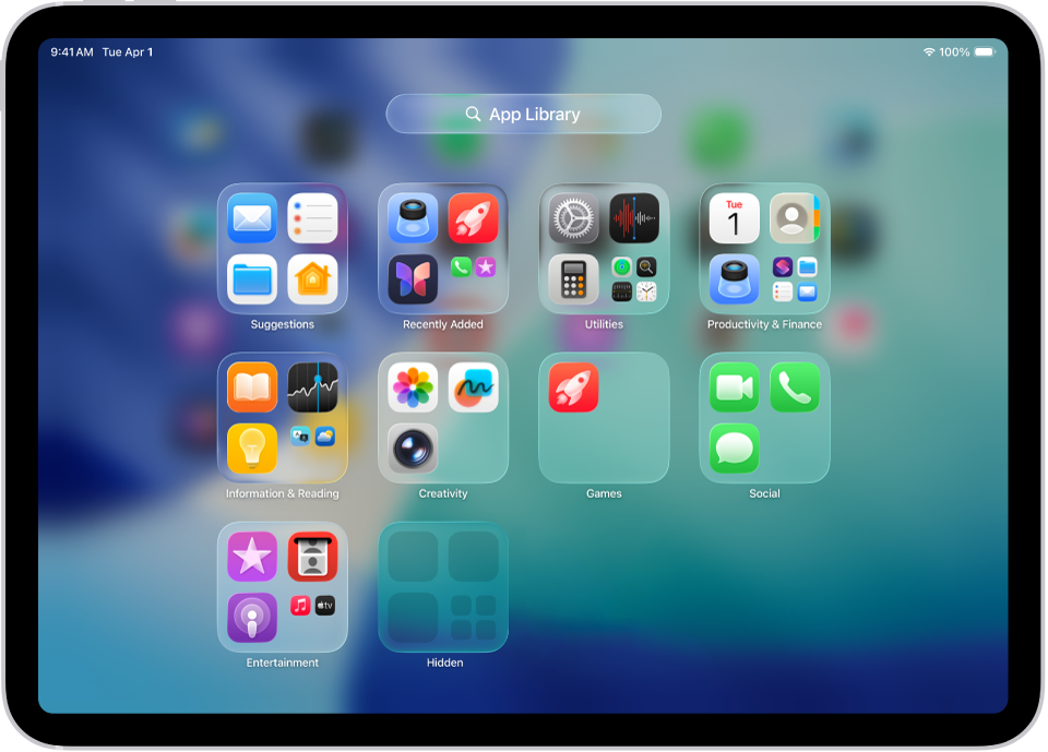 Appbibliotek på iPad, der viser apps organiseret i kategorier (Underholdning, Produktivitet og økonomi osv.).