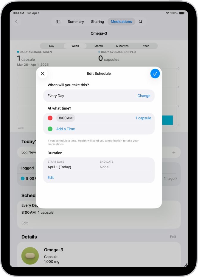 Skærmen Medicin i Sundhed, der viser muligheder for at redigere medicinplanen for en medicin.