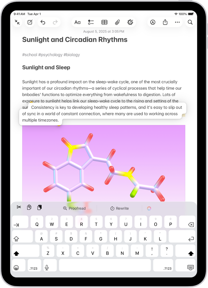 Et dokument er åbent i appen Noter. Valgt tekst løftes i dokumentet og kan flyttes til en ny placering.