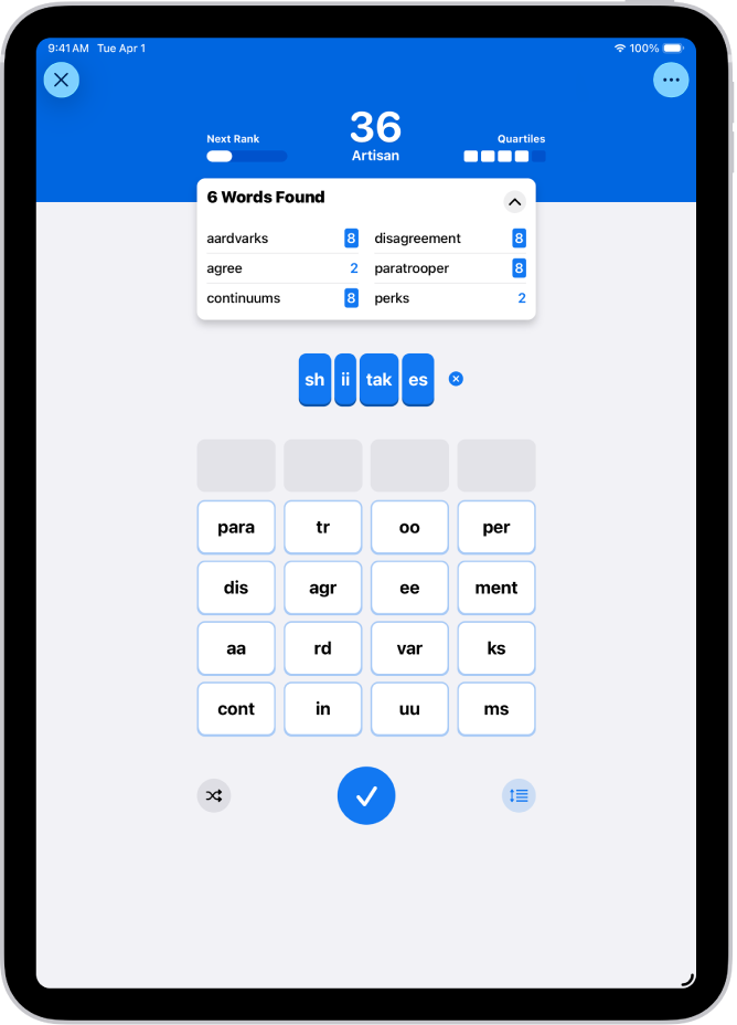 En Quartiles-opgave i appen News.
