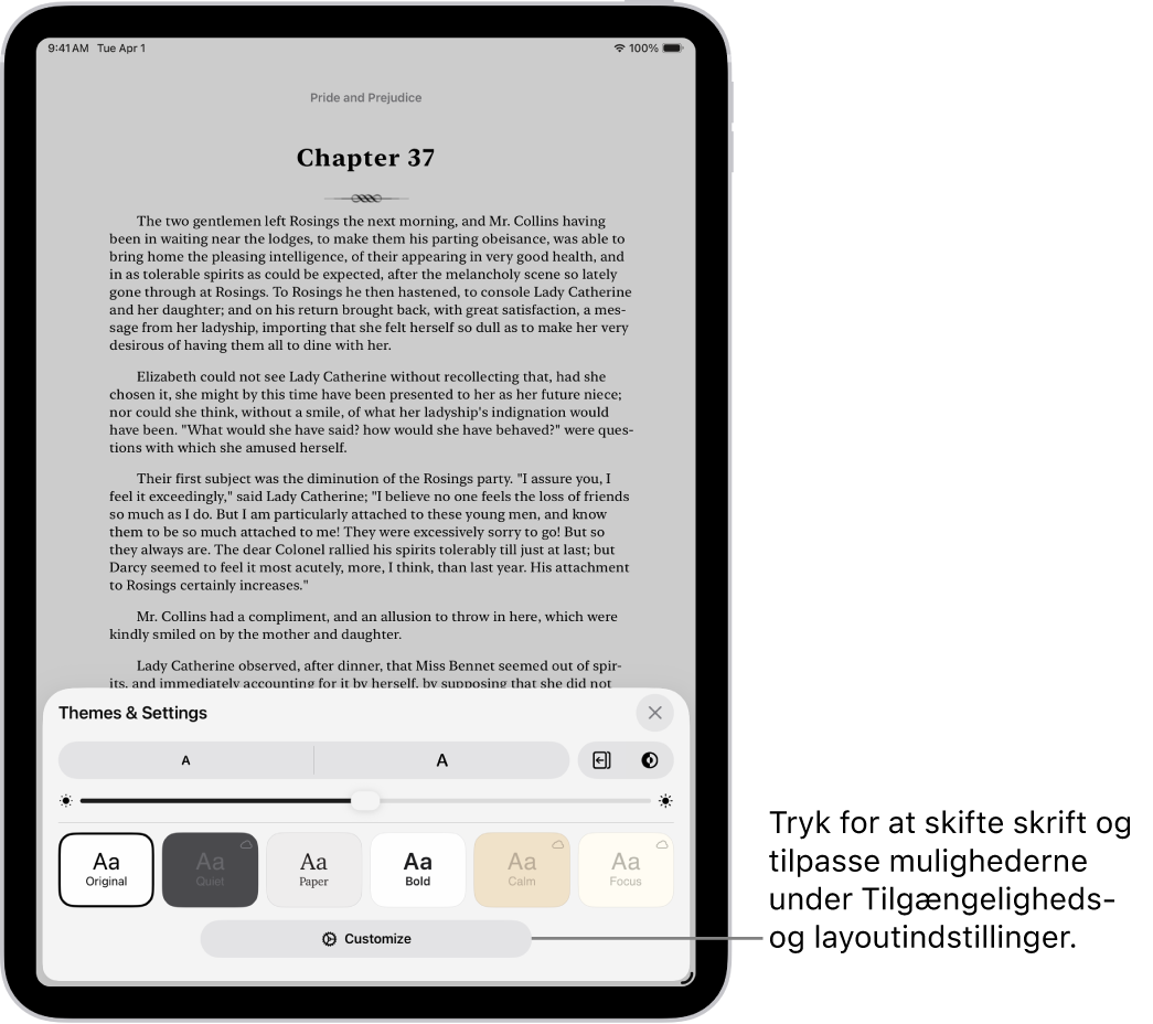 En side fra en bog i appen Bøger. Mulighederne under Temaer og indstillinger viser betjeningsmuligheder til skriftstørrelse, rulleoversigt, format til sidevending, lysstyrke og skriftformater.