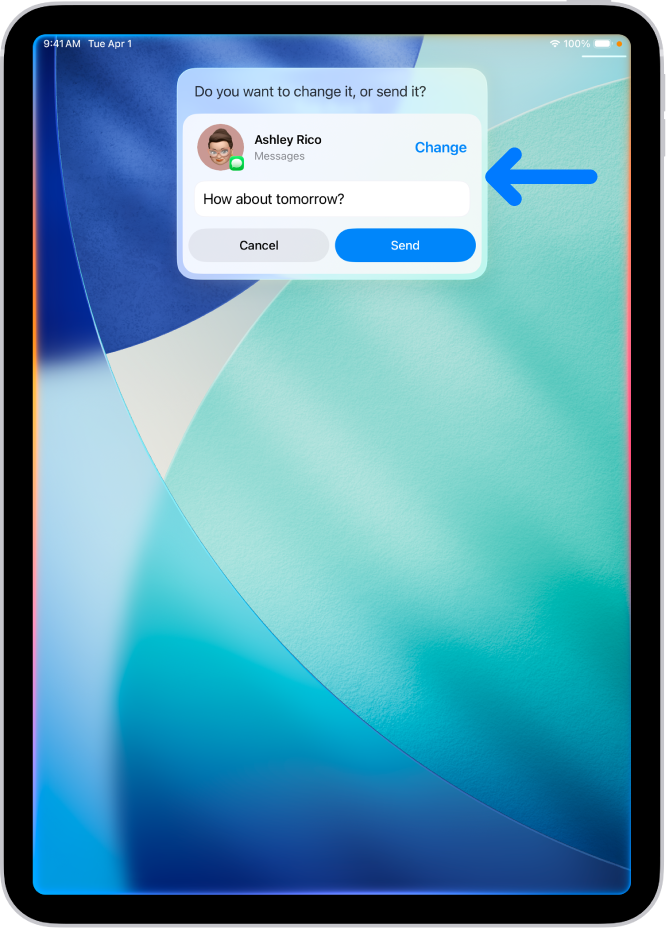 En iPad, der viser et svar fra Siri i form af en tekstbesked, der er klar til at blive sendt, øverst på skærmen.