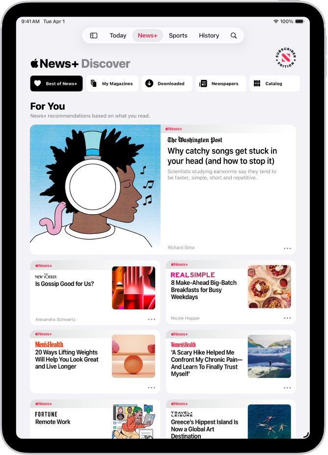 Die Seite „Discover“ in Apple News+. In der Tableiste ist „News+“ ausgewählt und darunter ist die Kategorie „Best of News+“ ausgewählt.