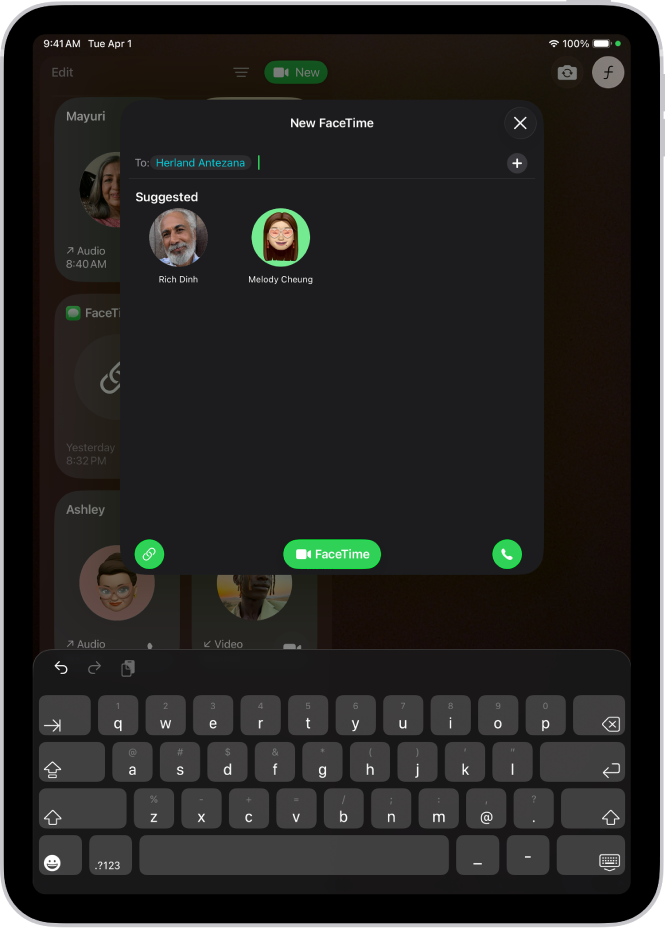 Das Fenster „Neuer FaceTime-Anruf“ auf dem iPad. Ein Name wird in das Feld „An“ eingegeben und zwei vorgeschlagene Kontakte werden darunter angezeigt.
