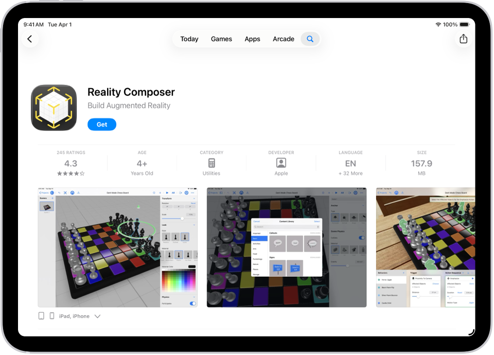Die Informationsseite für eine App im App Store. Die Seite zeigt die Taste „Laden“, Bewertungen, Altersbeschränkungen, das Entwicklungsteam, Bildschirmfotos und mehr an. Oben in der Mitte befinden sich von links nach rechts die folgenden Tasten: „Heute“, „Spiele“, „Apps“, „Arcade“ und „Suchen“.
