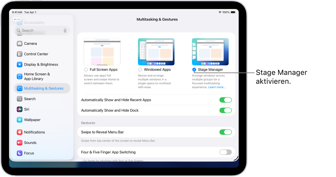 Die iPad-App „Einstellungen“ zeigt die Optionen für „Multitasking & Gesten“, die du für die Arbeit mit mehreren Apps auswählen kannst.