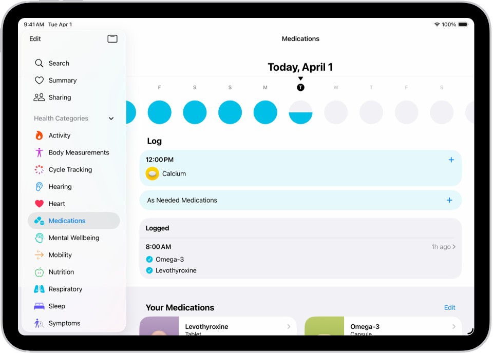 Der Bildschirm „Medikamente“ in der App „Health“ mit dem Datum und einem Protokoll für die Medikamenteneinnahme.