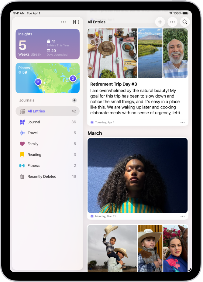 Ein Bildschirm in der App „Journal“ zeigt Journaleinträge mit der Taste „Suchen“ oben rechts.