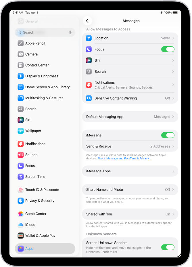 Der Einstellungsbereich „Nachrichten“. „iMessage“ ist aktiviert.