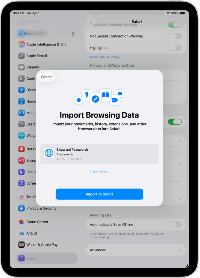 Der Bildschirm „Browsingdaten importieren“ mit der CSV-Datei mit Passwörtern von einem anderen Passwortmanager, die importiert werden soll.